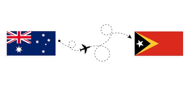 Flight and travel from Australia to East Timor by passenger airplane. Airplane route and country flags. Travel concept