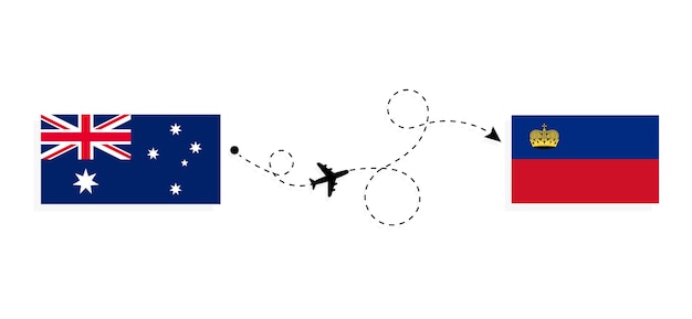 旅客機によるオーストラリアからリヒテンシュタインへのフライトと旅行。飛行機のルートと国旗。旅行のコンセプト