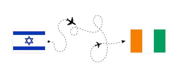 Vettore volo e viaggio da israele alla costa d'avorio in aereo passeggeri concetto di viaggio