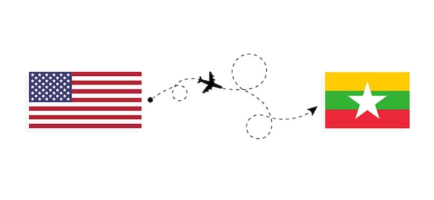 Volo e viaggio dagli stati uniti al myanmar in aereo passeggeri concetto di viaggio