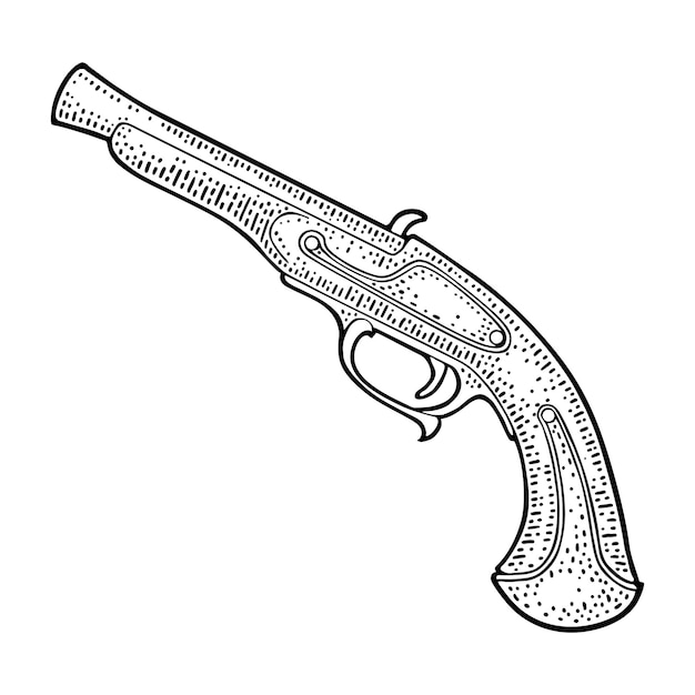 Flintlock antiek pistool vector zwarte vintage gravure illustraties geïsoleerd op een witte achtergrond voor tatoeage en poster