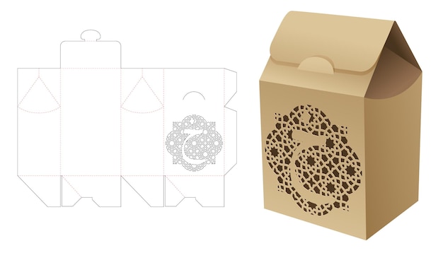 Flip bag abox with stenciled arabic alphabet die cut template and 3d mockup