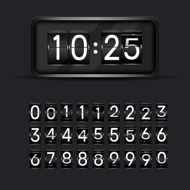 Vector flip clock numbers. retro countdown animation, mechanical scoreboard number and numeric counter flips. alarm timer, score day date counter or time display numbers vector symbols set