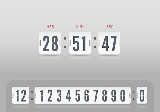 Flip countdown number on light vector illustration template White scoreboard number font Vintage clock time counter