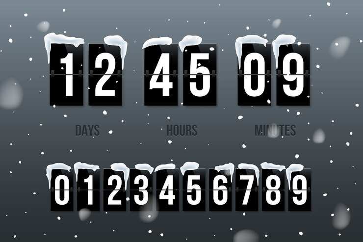 Vector flip countdown showing days, hours and minutes on snow background with numbers set.