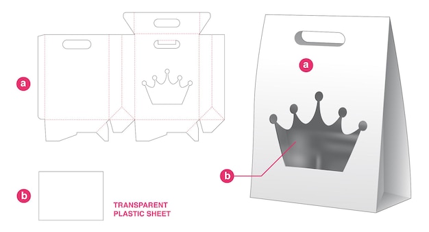 透明なプラスチックシートダイカットテンプレート付きフリップハンドルバッグとクラウンウィンドウ