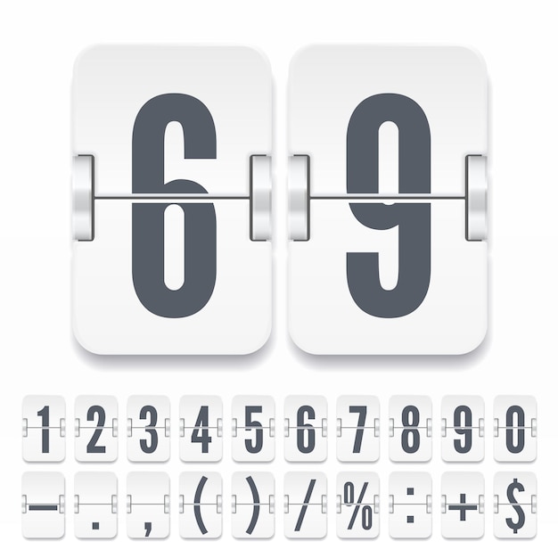 Vector flip nummers en symbolen op licht mechanisch scorebord met schaduwen geïsoleerd op een witte achtergrond. vectorsjabloon voor tijdteller of webpaginatimer