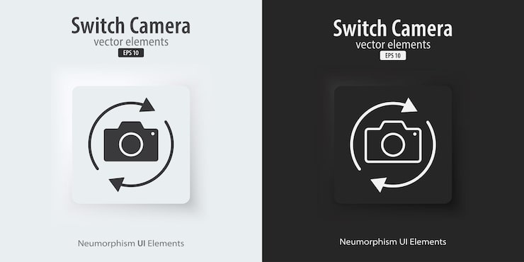 Vector 카메라 아이콘을 플래트 및 라인 아이콘으로 전환하고 전환합니다. 3d 네이모르피즘 요소 디자인은 앱, 웹 사이트 및 인터페이스 ui, 터 일러스트레이션.