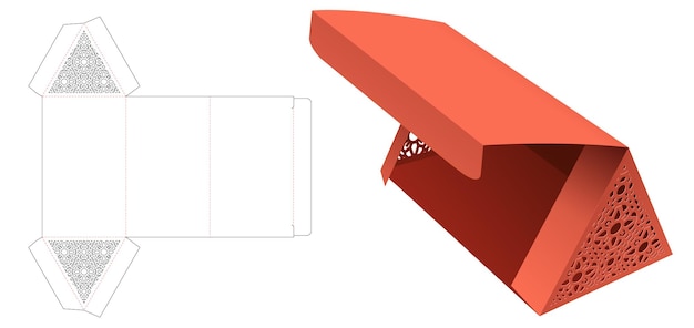 Capovolgere la scatola triangolare con modello fustellato con motivo stencil e mockup 3d