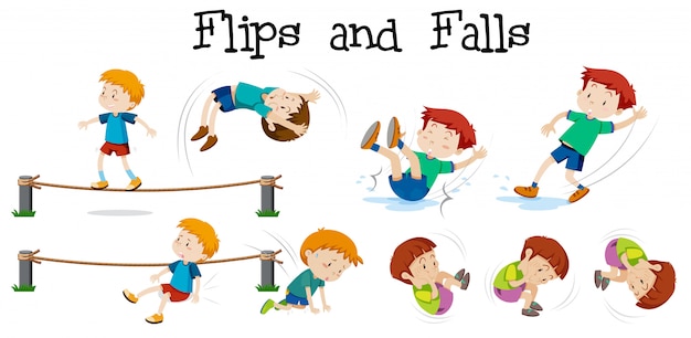 Flips and falls boy on white background