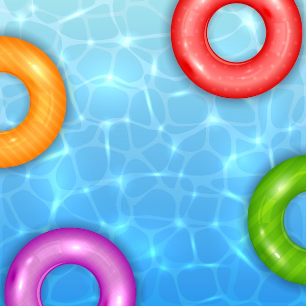 Vettore anelli galleggianti sullo sfondo della piscina di acqua blu. fondo strutturato dell'acqua di estate con gli anelli di nuotata colorati. l'illustrazione può essere utilizzata per il design estivo, poster, striscioni.