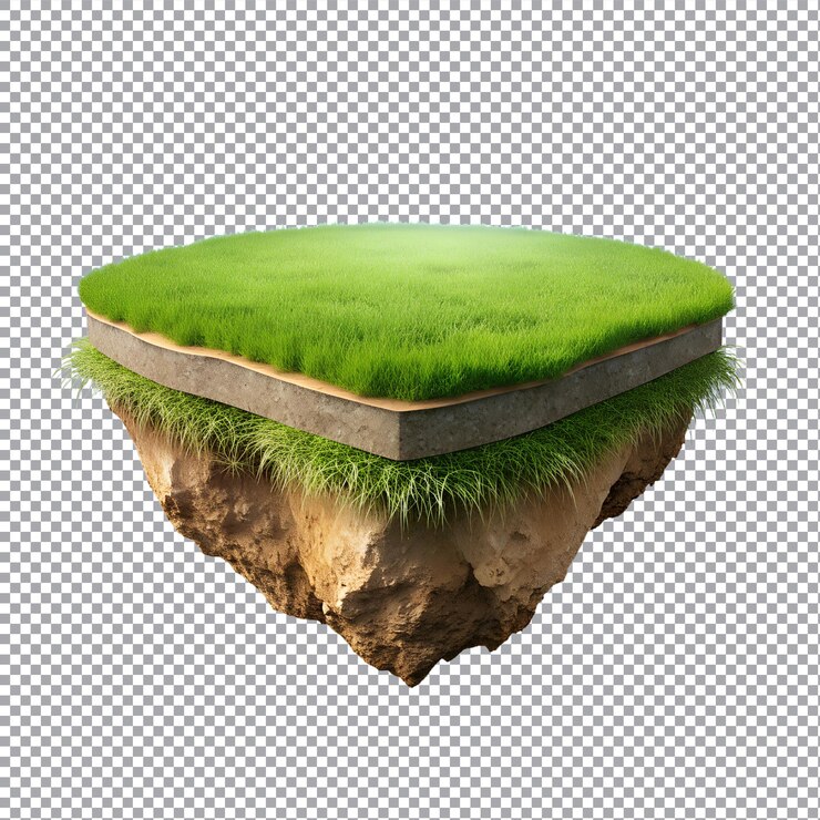 Vector floating 3d land with grassy surface and tree roots on a transparent background