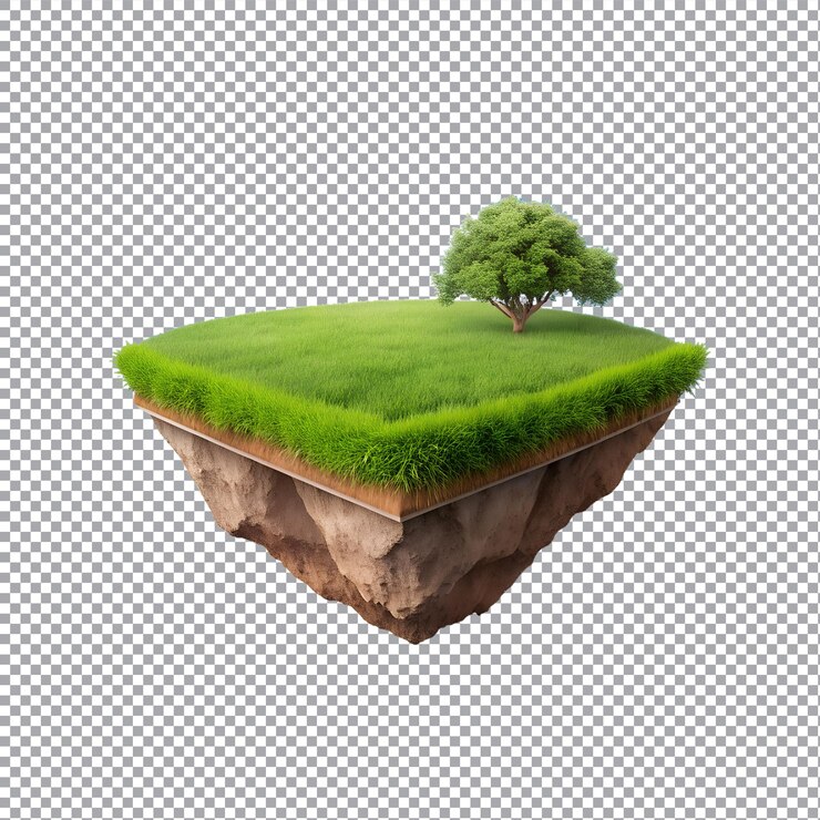 Vector floating 3d land with grassy surface and tree roots on a transparent background