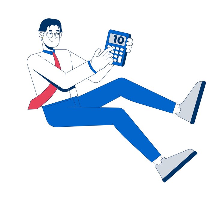 Vector floating asian male accountant with calculator 2d cartoon character