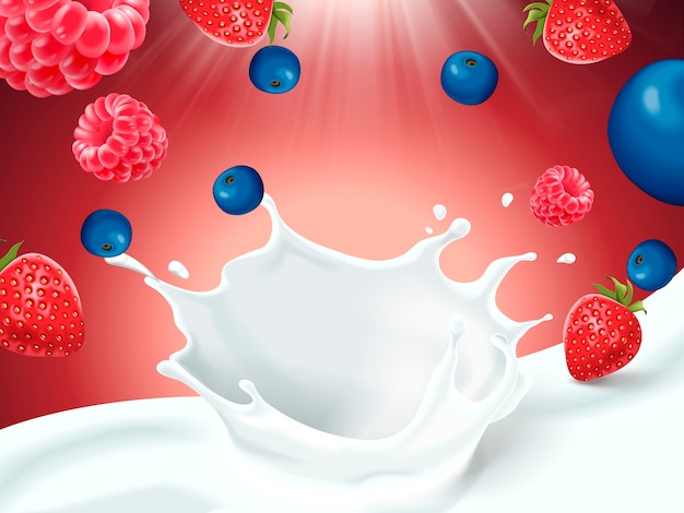 Vector floating berries with splashing milk effects