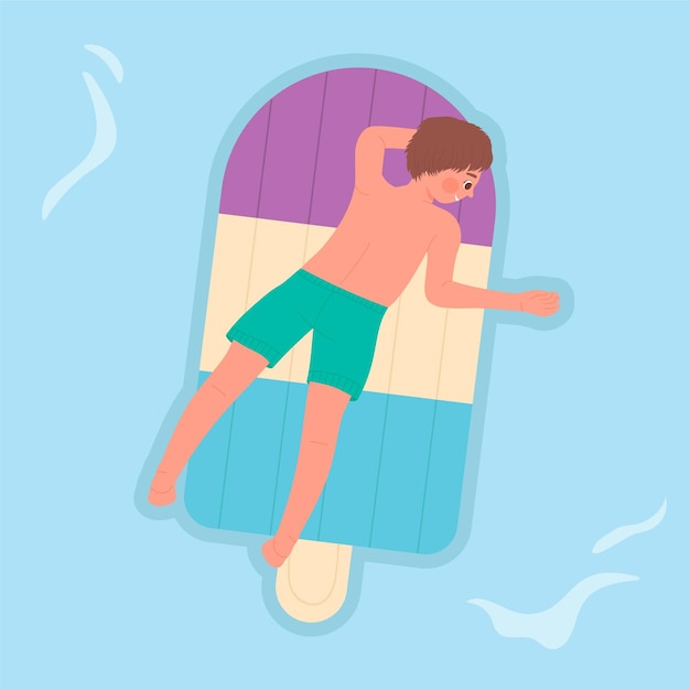 Vector floating boy on swimming ice cream mattress