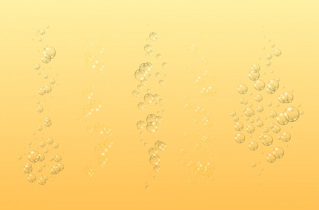 Vector floating bubbles. beautiful  background for your . set of champagne fizzing air bubbles streams  on yellow background.