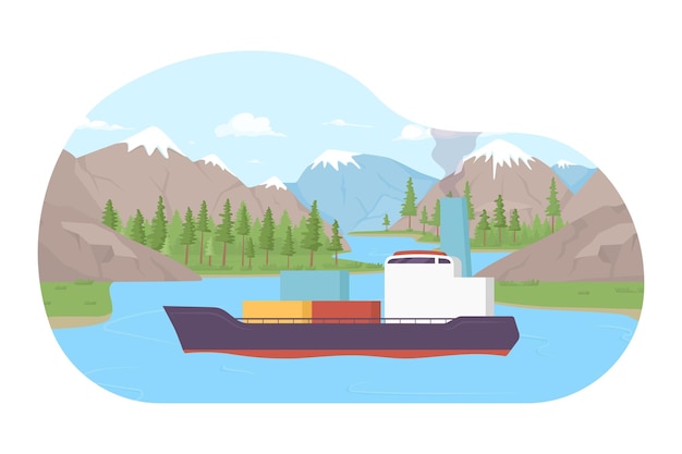 Vector floating cargo ship flat concept vector illustration