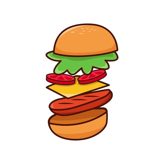 Vettore galleggiante delizioso hamburger del fumetto illustrazione