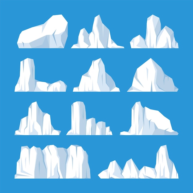 Vector floating icebergs collection drifting arctic glacier block of frozen ocean water icy mountains with snow melting ice peak antarctic snowy landscape south and north pole vector illustration