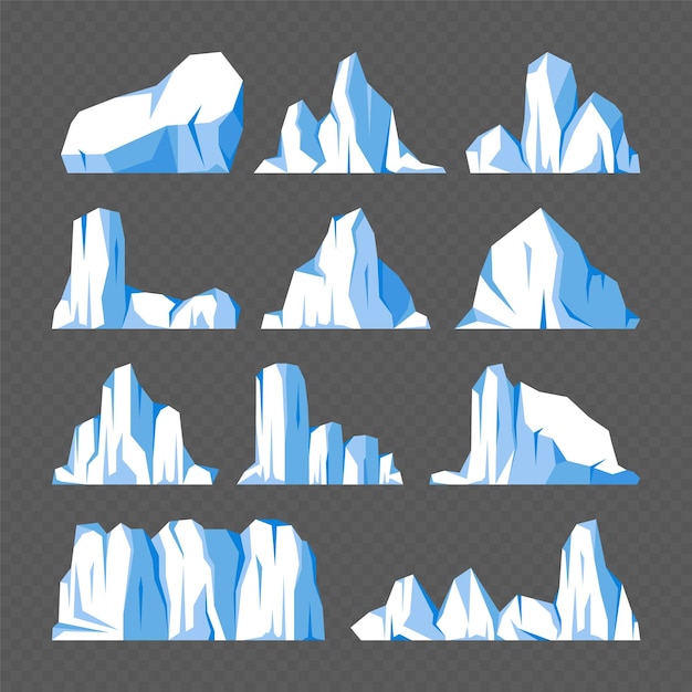 Vector floating icebergs collection drifting arctic glacier block of frozen ocean water icy mountains with