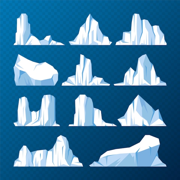 Floating icebergs collection drifting arctic glacier block of frozen ocean water icy mountains with