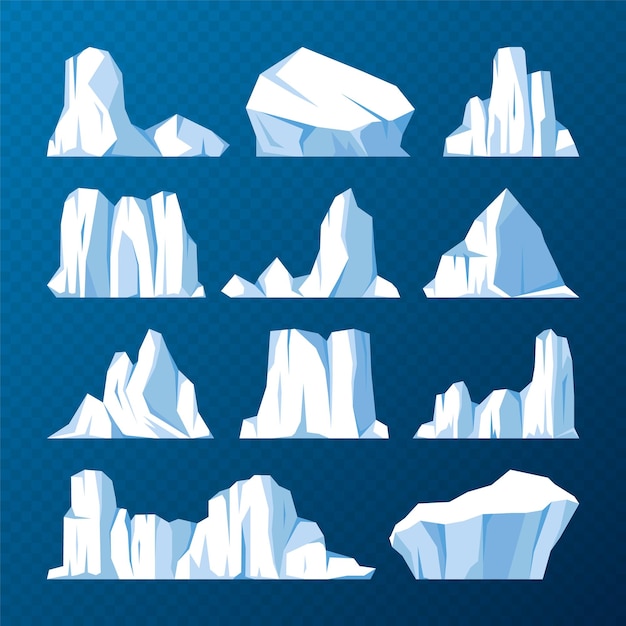 Vector floating icebergs collection drifting arctic glacier block of frozen ocean water icy mountains with