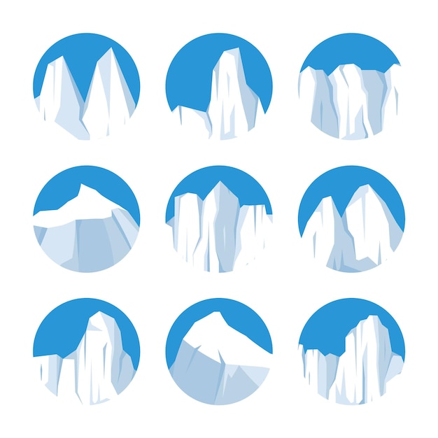 Вектор Плавучие айсберги коллекция дрейфующий арктический ледник блок замороженной океанской воды ледяные горы со снегом тающий пик льда антарктический заснеженный ландшафт южный и северный полюсы векторная иллюстрация