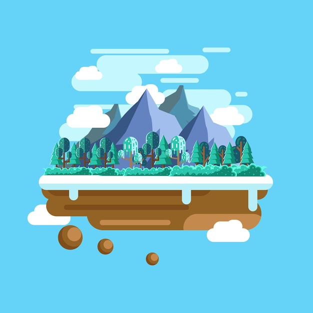 Floating island in winter season with flat design illustration