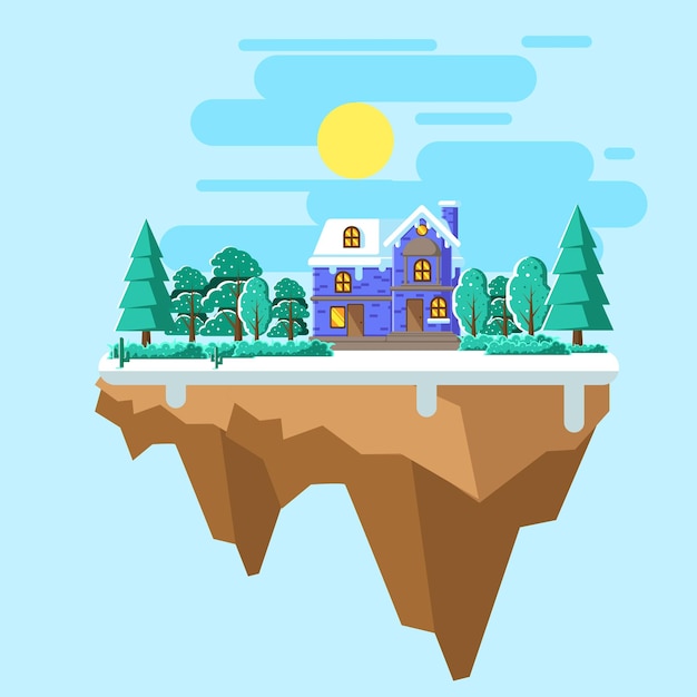 Floating island in winter season with flat design illustration