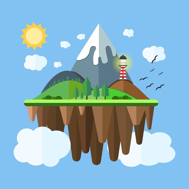 Floating island with mountain hill tree and birds Summer time holiday voyage concept Illustration in flat style Travel background