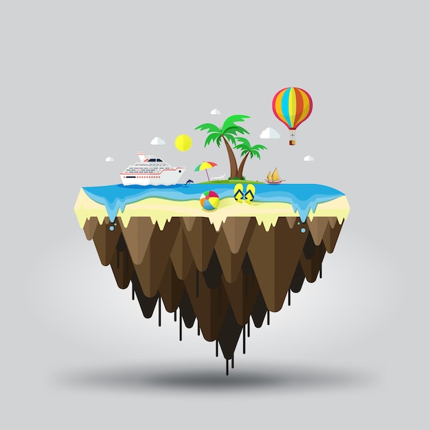 Vector floating island with seascape for travel and beach tourism