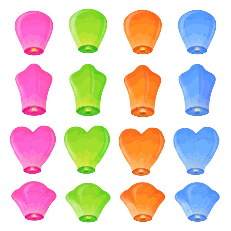 Vector floating lanterns paper glowing lantern with fire lights for wishing ceremony chinese thailand or diwali autumn festival flying romantic lamps cartoon neat vector illustration