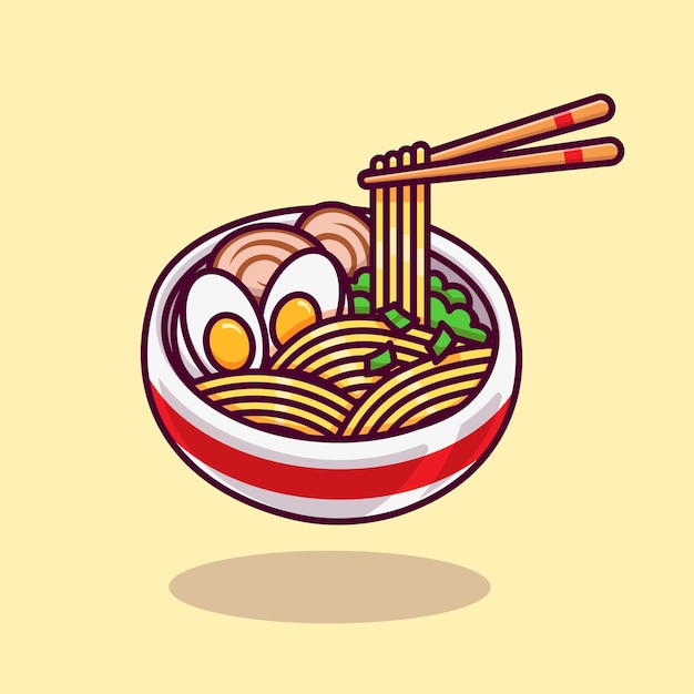 Floating ramen with chopstick egg mold and vegetable isolated cartoon vector