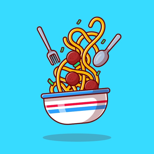 Vector floating spaghetti noodle with meat ball cartoon