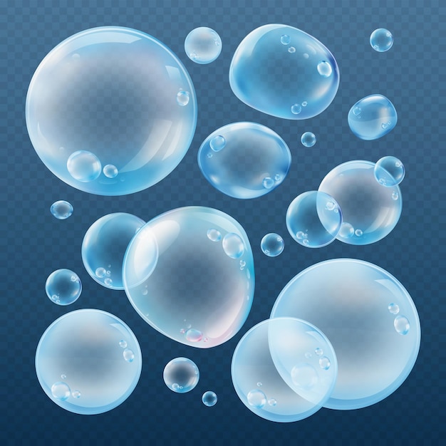 Floating translucent bubbles on a dark background Bubbles of various sizes bubbles with reflections bubbles in motion Clear shiny bubbles creating a playful scene Soap bubble element vector set