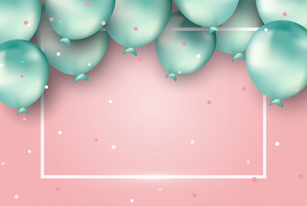 Floating turquoise balloons on the pink background. .