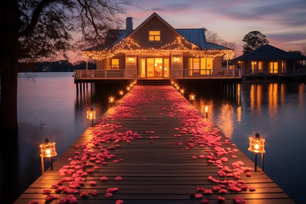 Floating over water luxury club house of chalet with reflection in sea water during sunset