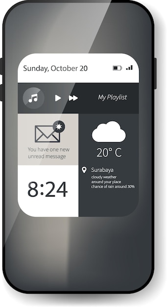 スマートフォン用のフローティングウィジェットインターフェースで天気と音楽の機能があります