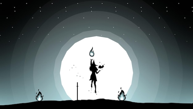 floating witch with fire in her hand. silhouette of a witch background. float witch in the night.