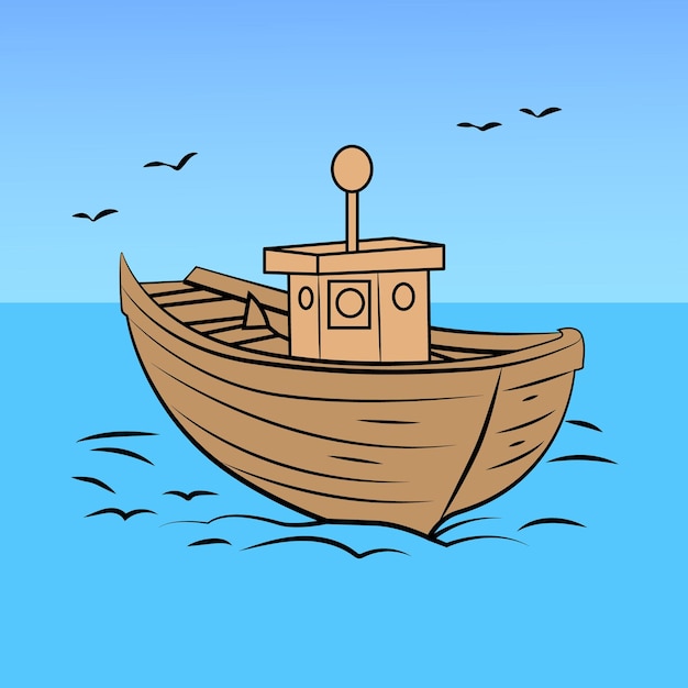 Vector floating wooden fishing boat vector illustration drawing