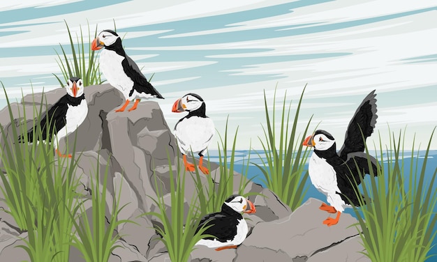 A flock of Atlantic puffins on a rocky seashore. Scandinavian bird common puffin