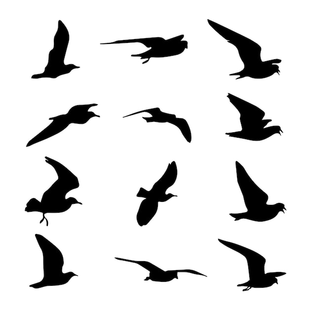 Flock of cranes or stork black silhouette in flying