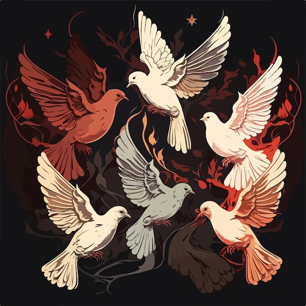 A flock of doves in flames on a black background