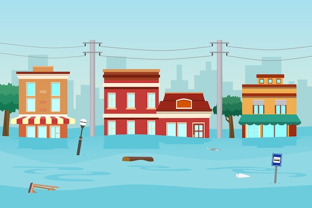 Вектор Наводнение в городе затопленные здания векторная иллюстрация