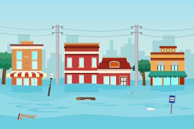 Vector flood disaster in town flooded buildings vector illustration