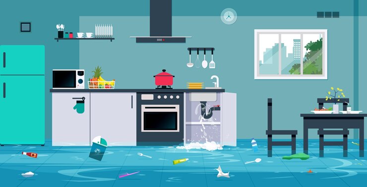 Vector flood in the kitchen caused by leaking water pipes