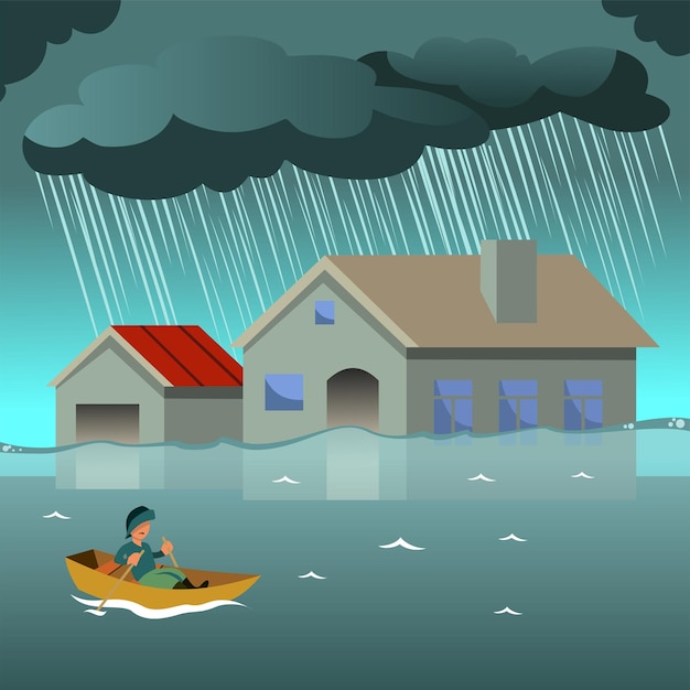 Flood Natural calamity disaster Houses in the water Man sailing on a boat Heavy rain shower Vector