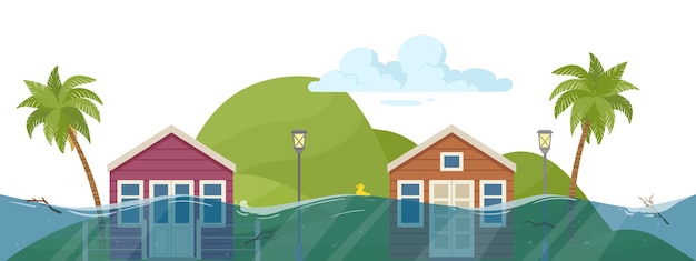 flood natural disaster cartoon huge ocean waves environmental damage extreme weather and natural cataclysm flooded houses flat vector illustration on white background