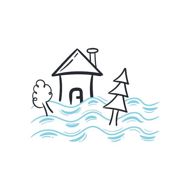 Flood natural disaster icon doodle drawing style drifting building water damage line illustration